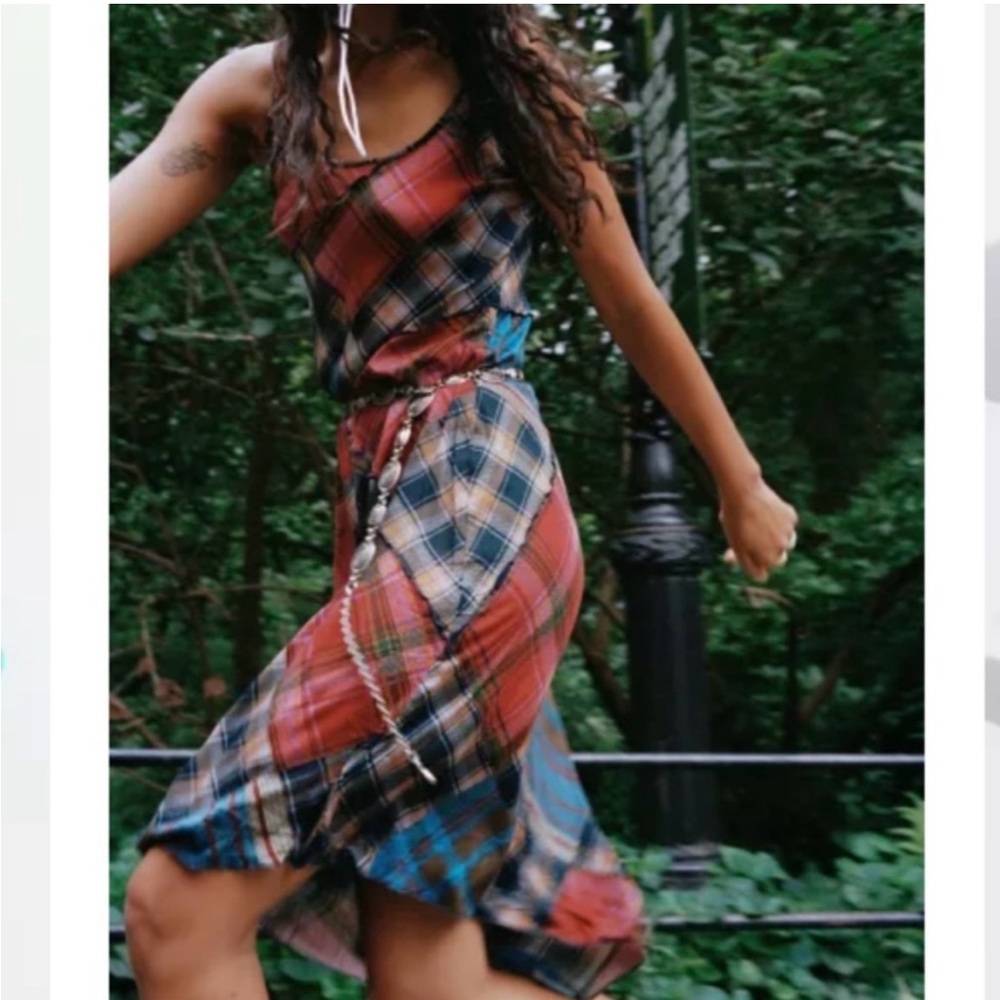Urban Outfitters Plaid asymmetrical tartan patchwork midi slip dress sz M